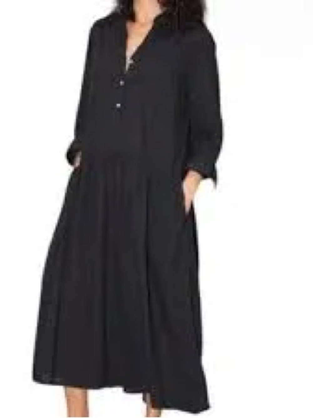 Women's Black Long Sleeve Midi Shirt Dress with Pockets